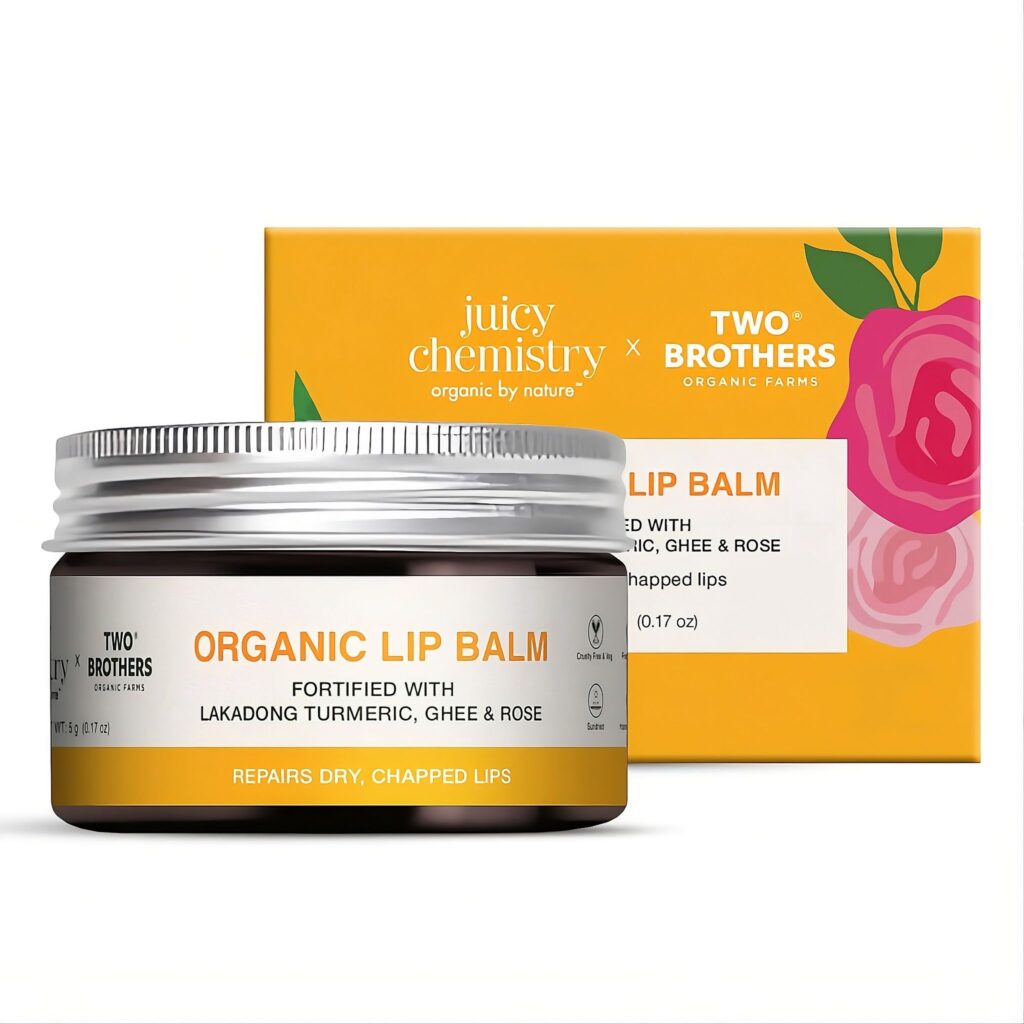 Juicy Chemistry Organic Lip Balm with Lakadong Turmeric, Ghee & Rose