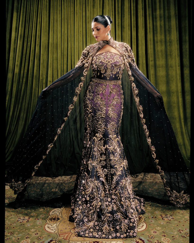 vazaneh Crystal-Embellished Corset & Metallic Drape Skirt Set
